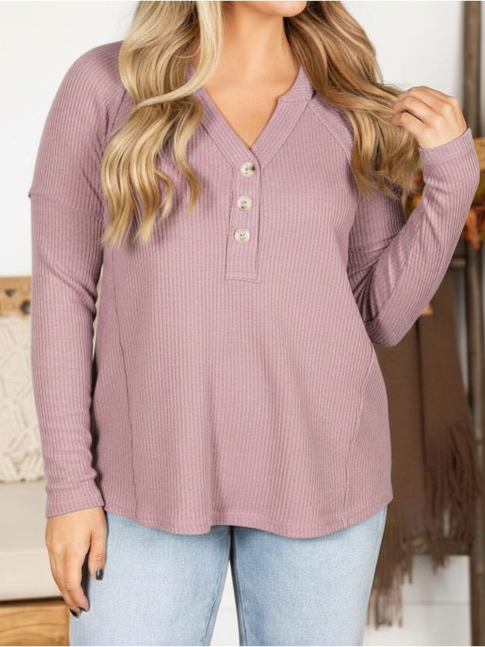 Andree Raised Ribbed Button V-Neck Knit Top